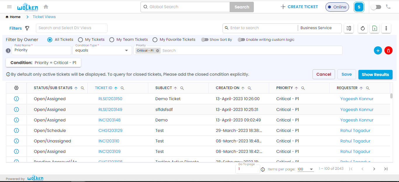 screenshot of Wolken ServiceDesk